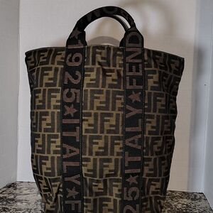 Authentic Fendi Vintage Zucca Tote Nylon Leather Brown Black 7251M